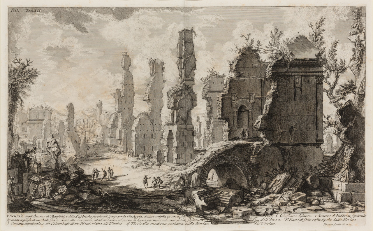 Artwork titled: View of the remains of the mausoleums and sepulchral complexes dispersed along the Appian Way