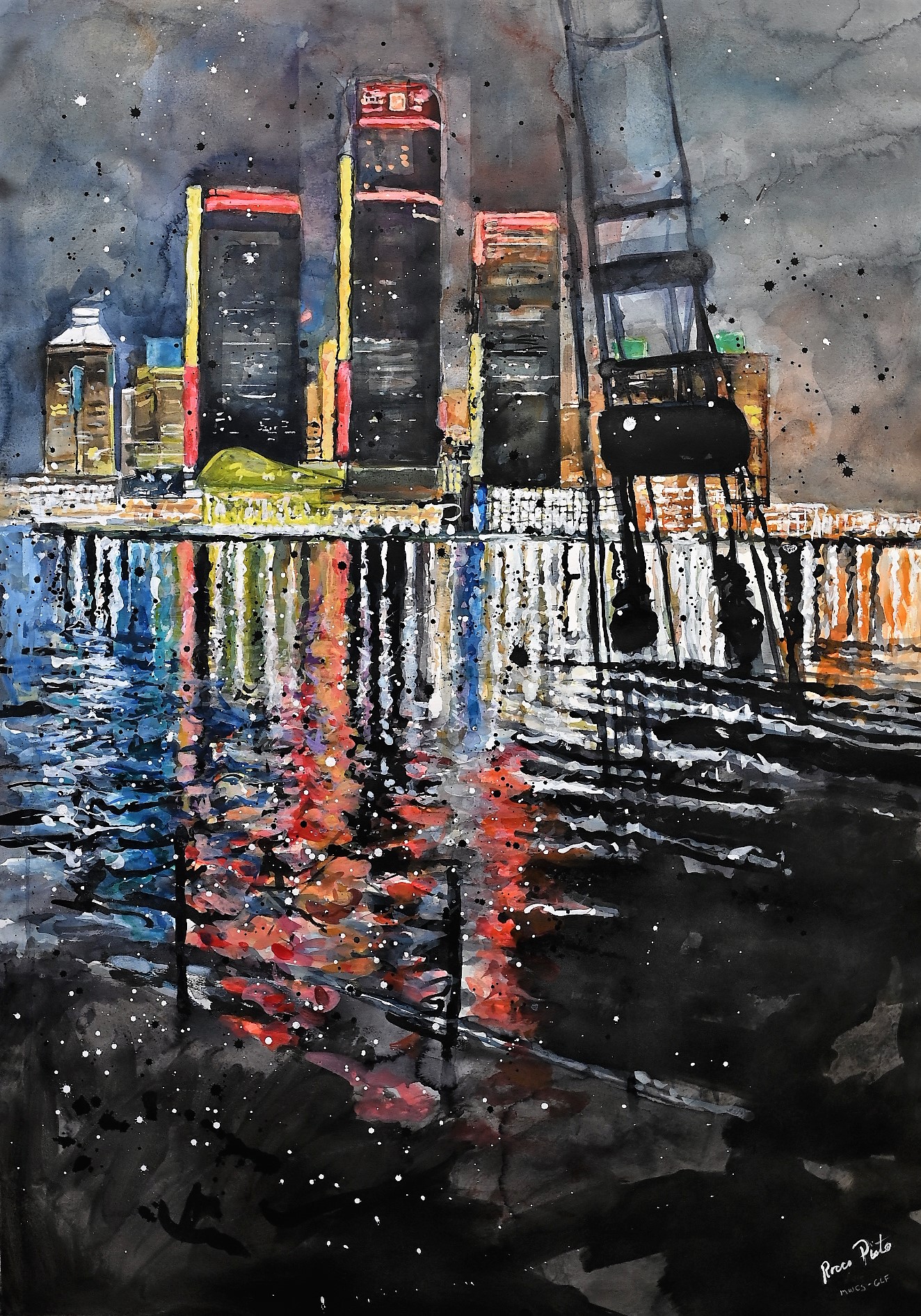 watercolor painting - Detroit RenCen at Night by Rocco Pisto