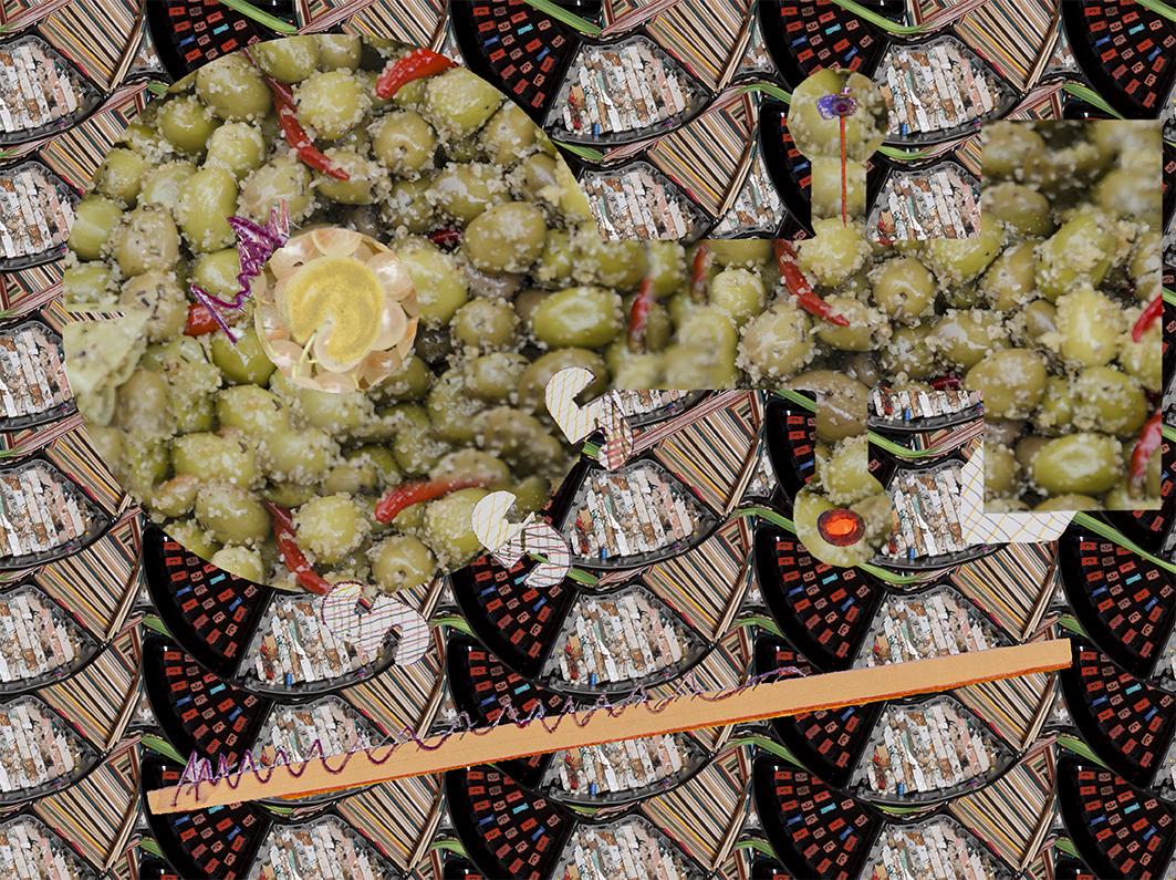 An abstract digital collage photo where a background of repeating fan-like geometric patterns in black, red, and beige is overlaid with large circular and rectangular cutouts of green olives mixed with red peppers and grated seasoning. Additional graphic elements, including wavy lines, concentric circles, and textured shapes, are scattered across the composition.