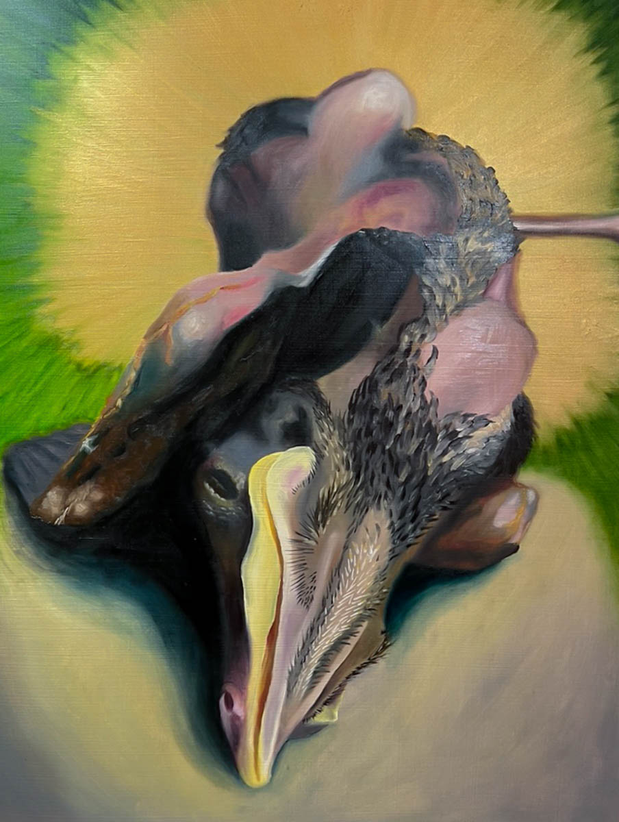 A surreal painting depicts a distorted animal form with a prominent elongated beak and animal textures, set against a vibrant background with radiating yellow and green hues.