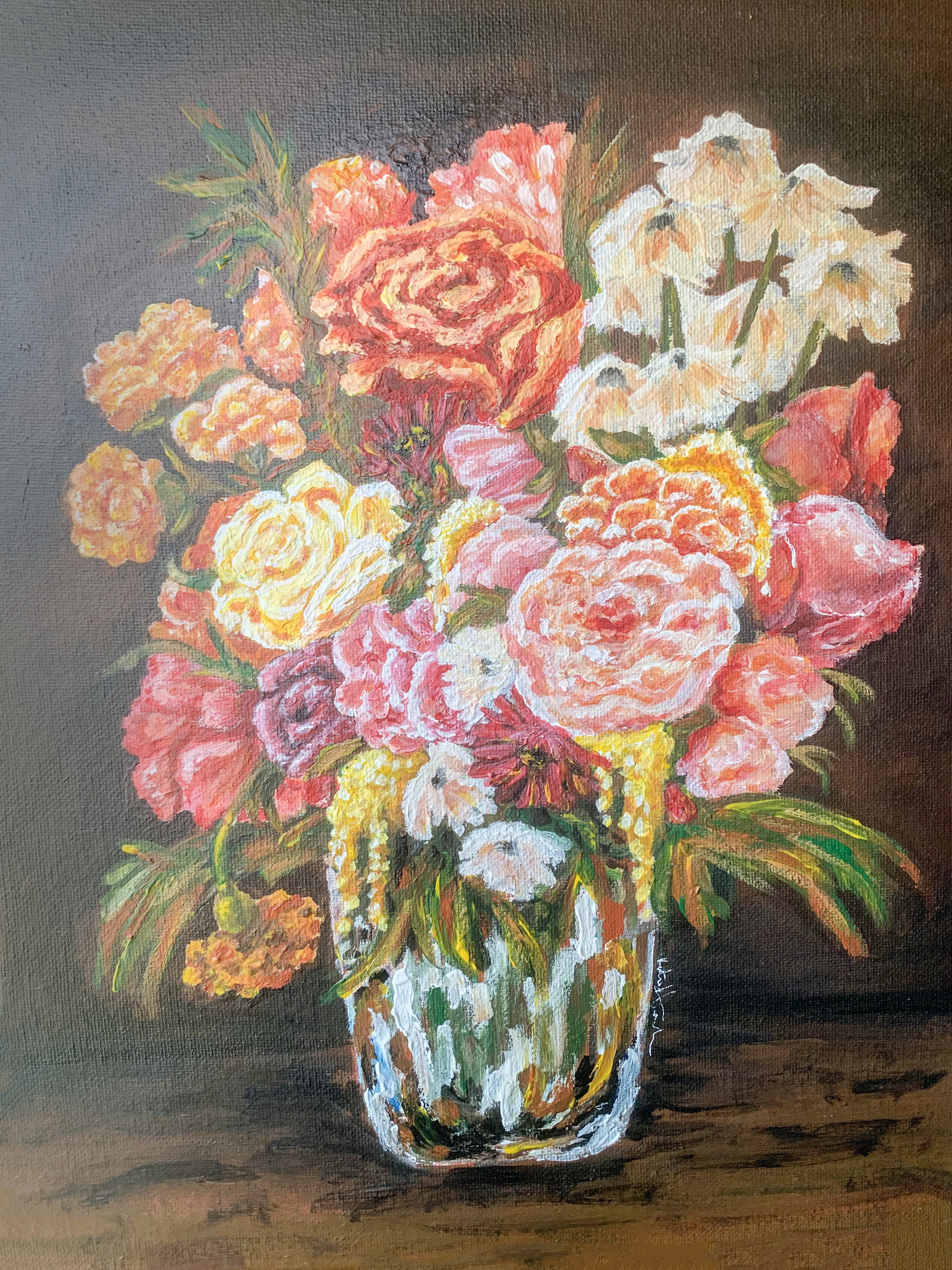 A colorful painting of a glass vase filled with vibrant orange, yellow, pink, and white flowers set against a dark background.