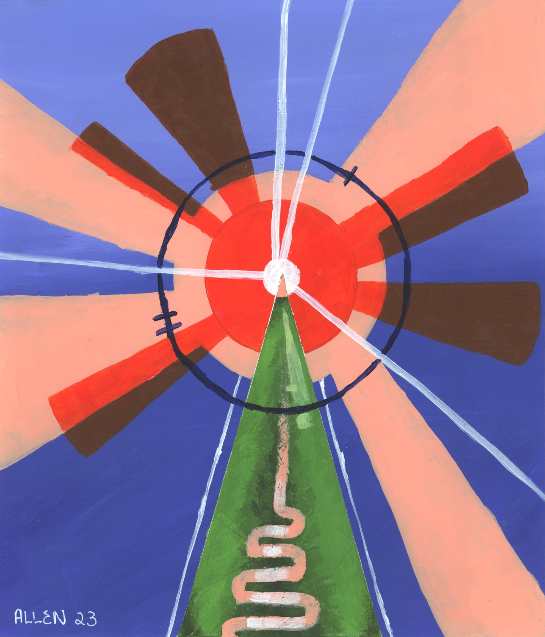 An abstract painting features a central red and orange circular shape with radiating beams, intersected by white lines and a green triangular form against a blue background.