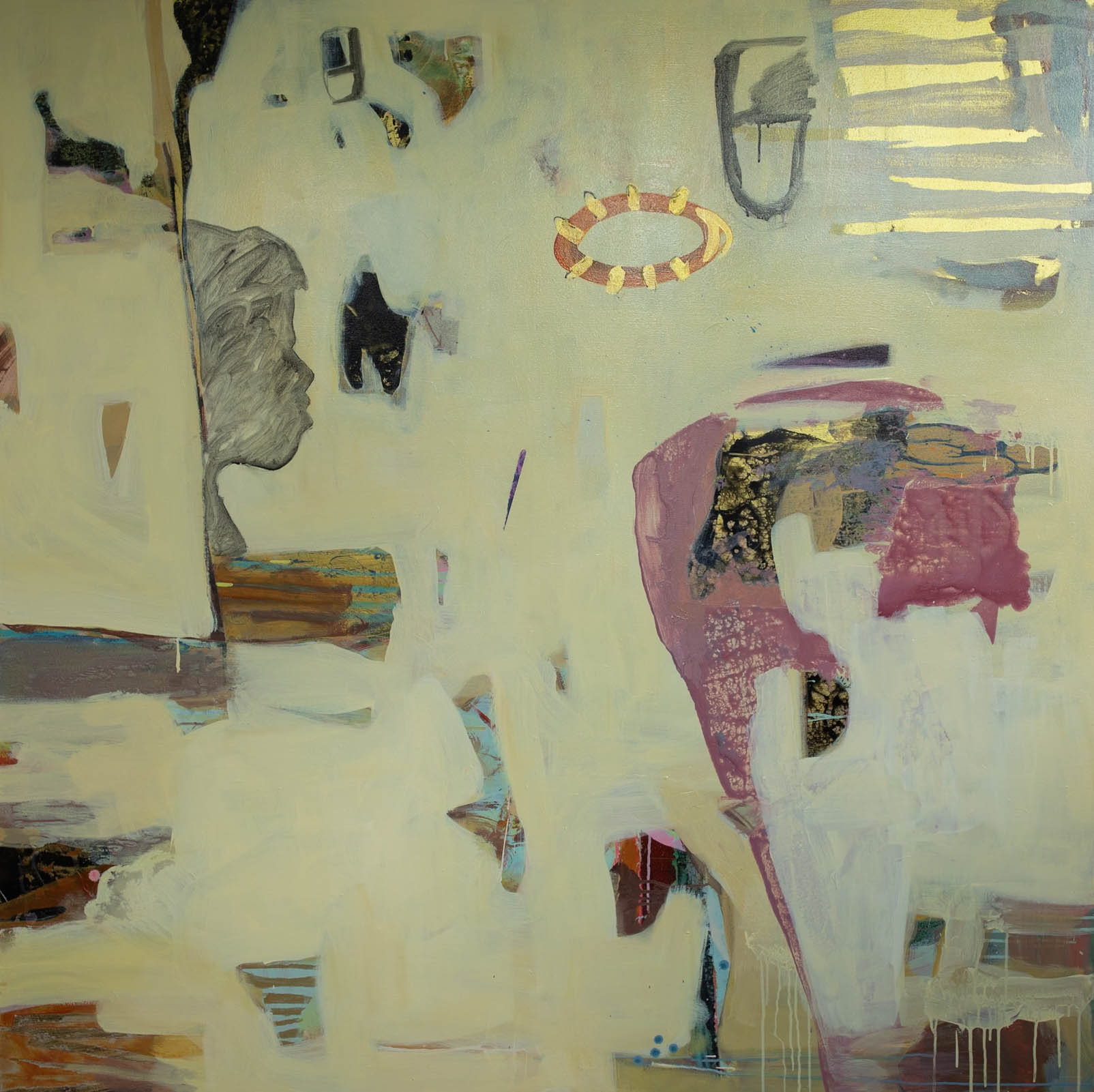 Abstract expressionist painting featuring a pale yellow background, a profile silhouette on the left, and purple and gold accents.