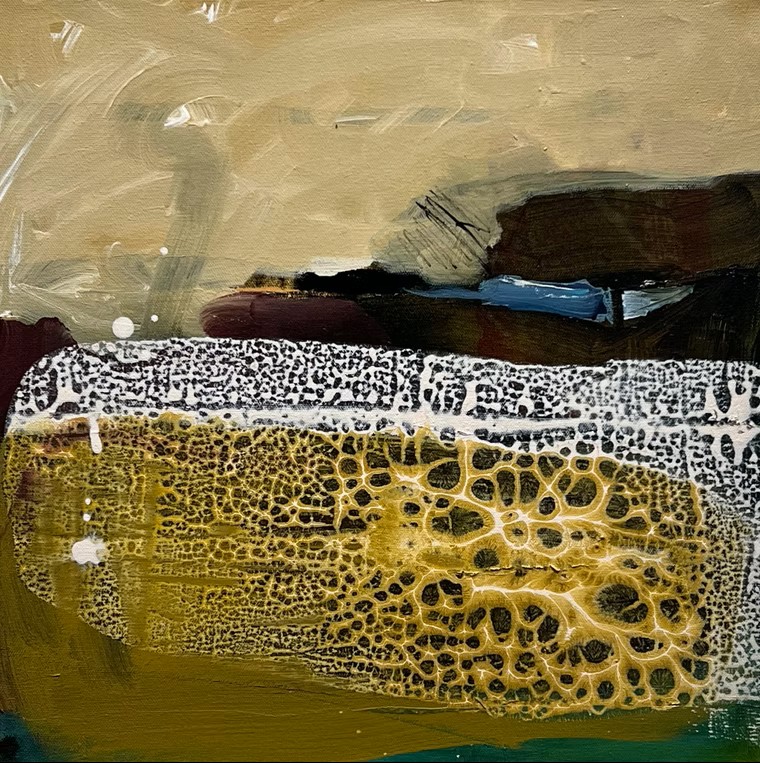Abstract mixed-media artwork in earthy brown, olive, gold, and cream tones, with layered brushstrokes, speckled textures, and organic cellular patterns.