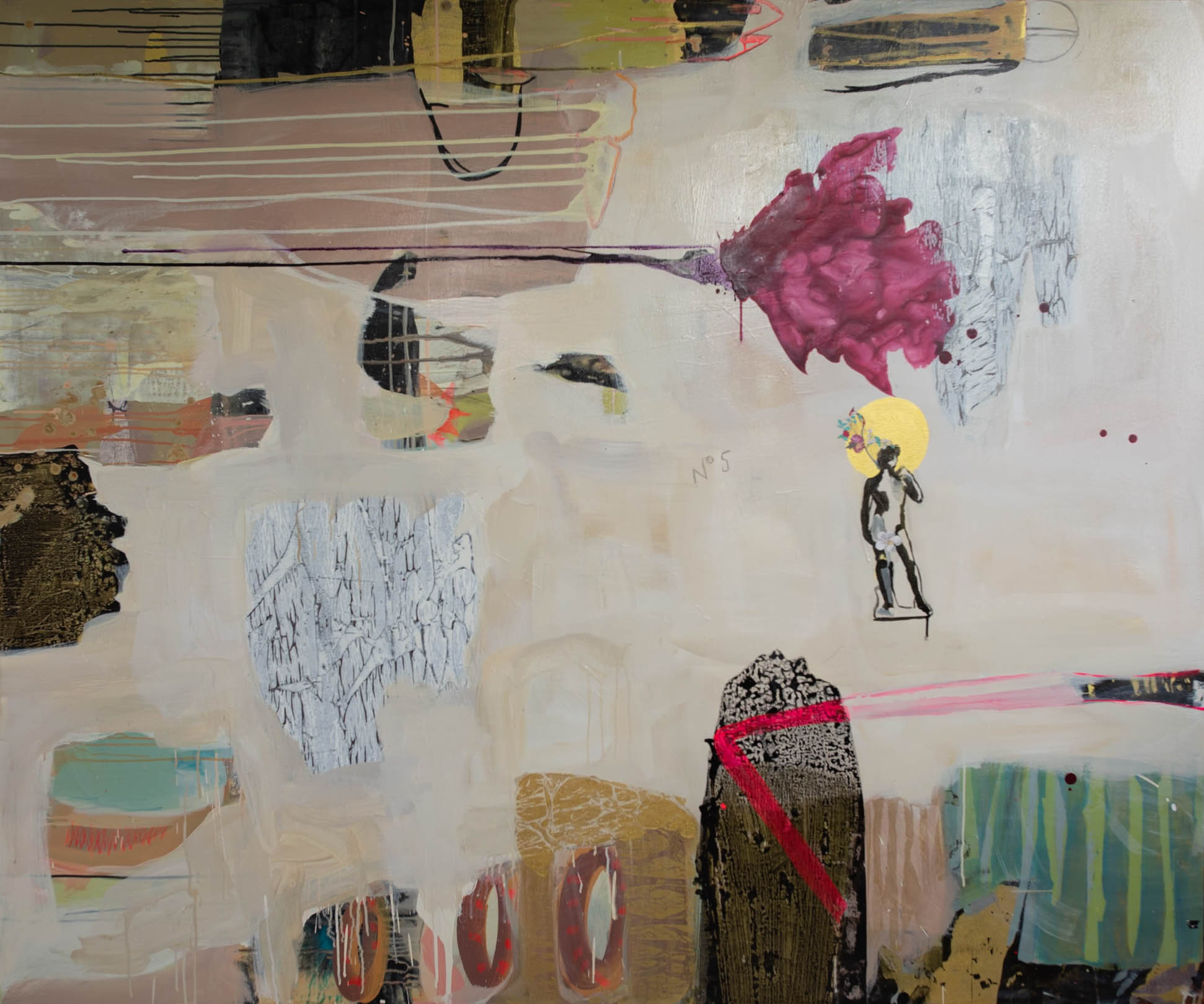 Abstract painting on light cream featuring a small figure of Michelangelo's David, floral motifs, and the text N°5.
