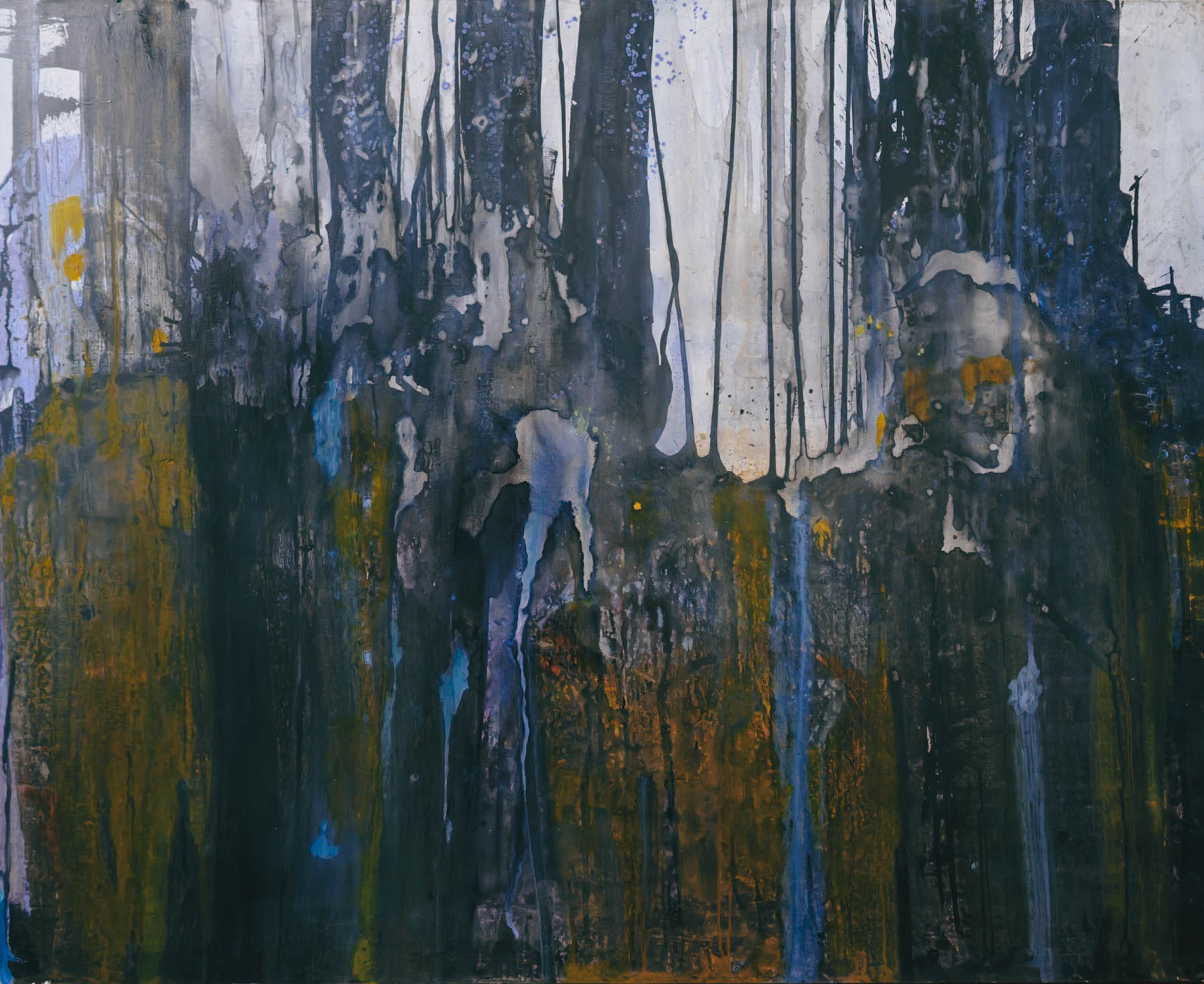 Abstract expressionist painting featuring dark vertical paint drips over layers of deep blue, mustard yellow, and grey.