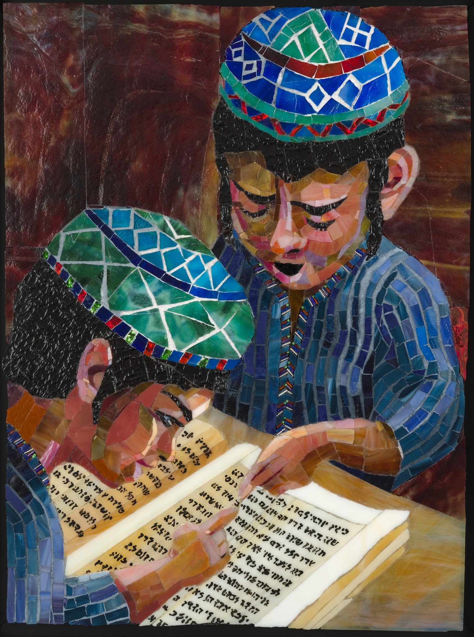 Glass mosaic of two boy figures in patterned blue and green caps and blue clothing reading together, their hands holding open books filled with lines of text against a dark marbled background; faces are obscured.