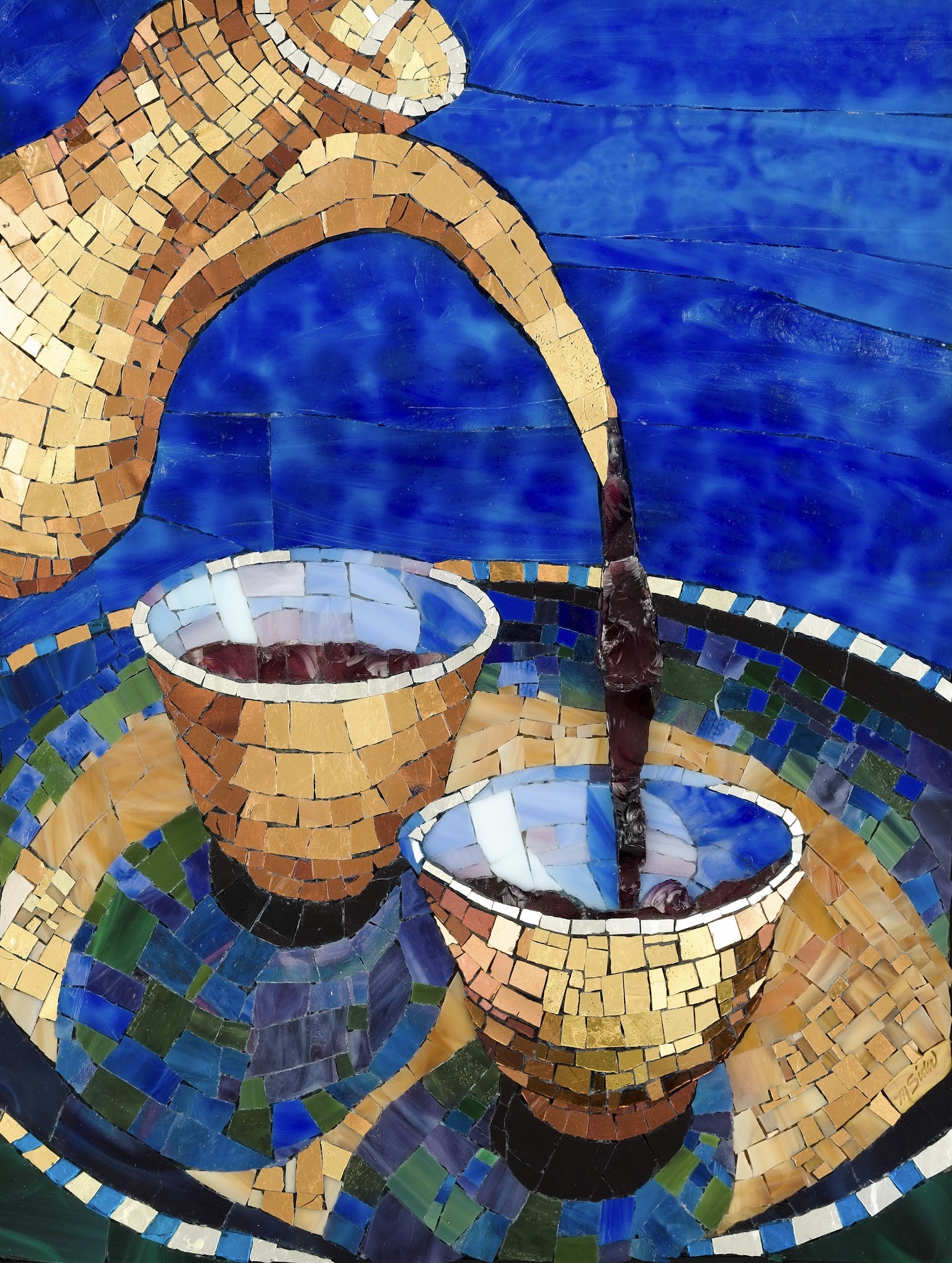 Colorful glass mosaic of a coffee scene: a tan kettle pours a stream of dark coffee into a small cup in the foreground, with another cup behind it. The cups sit on a patterned, circular surface in shades of blue, green, and gold, against a deep blue background.