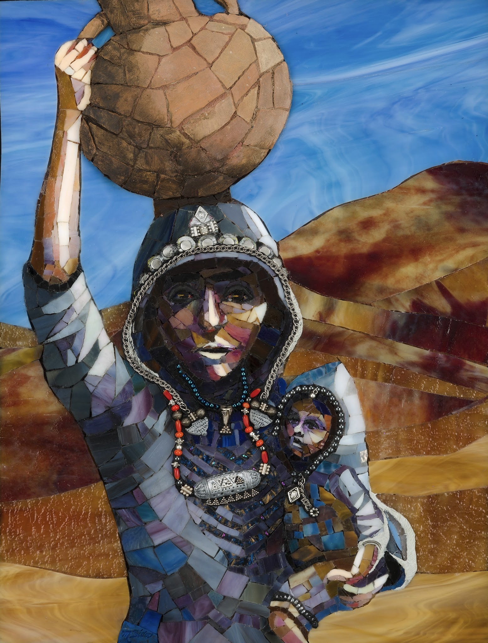 Glass mosaic artwork of a seated figure in blue and purple tiles holding a large round clay pot on their head against a bright blue sky, with warm amber and rust-colored shapes behind them; the figure wears layered jewelry and patterned clothing, and the face area is obscured.