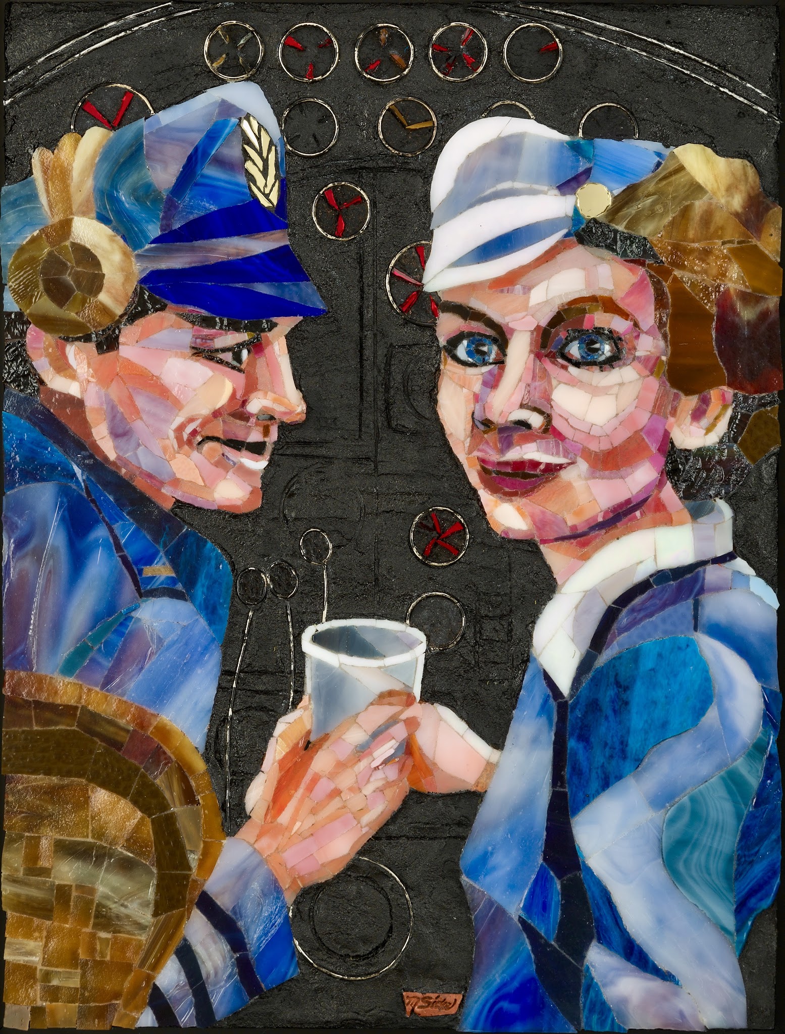 Black-and-white publicity photo of two airline employees inside an aircraft galley or service area, one handing the other a cup amid shelves and equipment; caption below reads, “13. Unreleased publicity photo (Metzger collection and Alaska Airlines).”