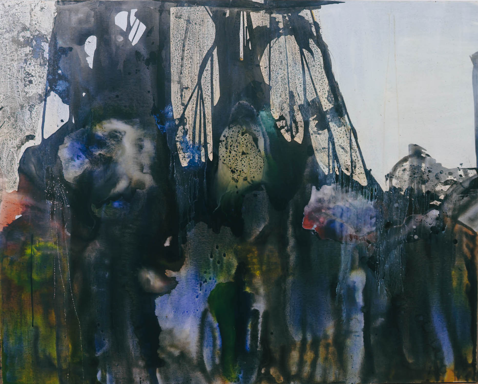 Abstract painting with dark, fluid black ink washes, vertical paint drips, and subtle underlying patches of blue and green.