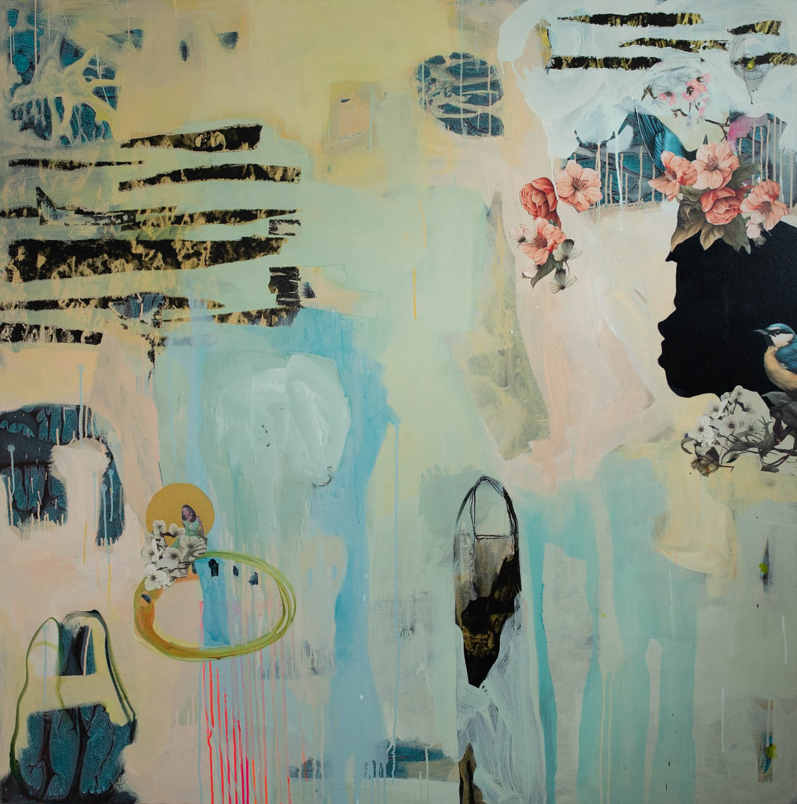 Abstract artwork featuring muted pastel tones, black brushstrokes, geometric shapes, fan-like patterns, and dripping paint textures.