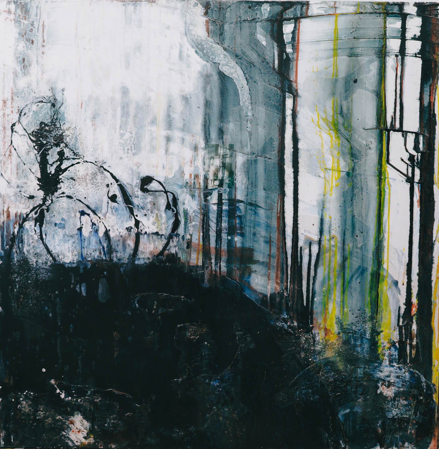 Abstract expressionist painting featuring dark, heavy black foreground textures with cool blue, white, and yellow vertical drips.