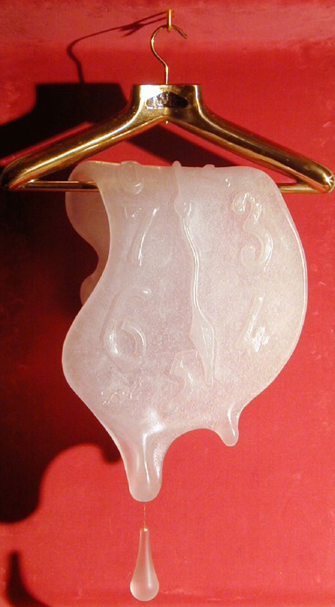  An artistic sculpture depicting a melting, translucent clock with distorted numbers, draped over a gold clothes hanger. A droplet hangs from the tip of the clock, and the background is a solid red color. The design is in Salvador Dalí’s surrealist style.