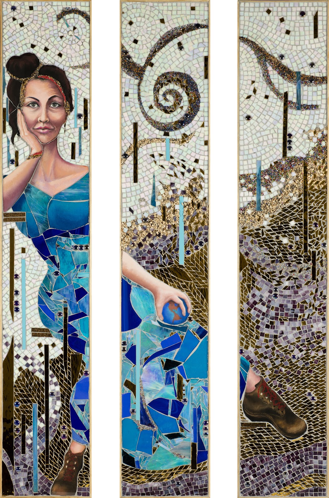 Triptych mosaic artwork in three tall panels showing an abstracted figure in shades of blue, broken across the panels: the left panel shows the back of the head with hair in a bun and the upper torso; the center panel shows an arm and hand near the hip with a spiral motif above; the right panel shows the lower leg and a brown shoe. The background is pale, tile-like and iridescent with scattered dark squares, thin vertical blue bars, and flowing gold-and-purple textured bands.