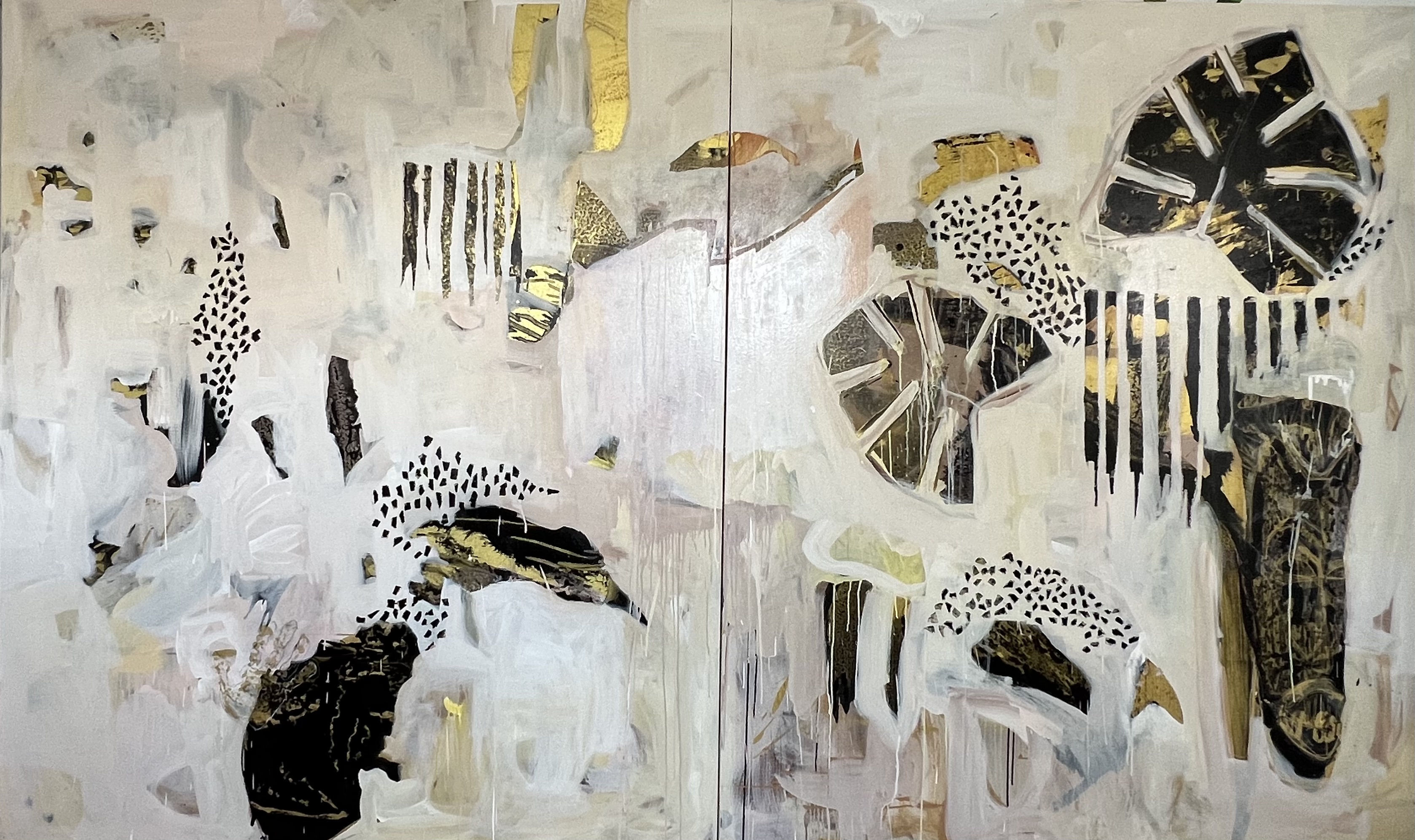 Abstract two-panel painting in white and cream tones with gold leaf accents, black patterns, and monstera leaf shapes.