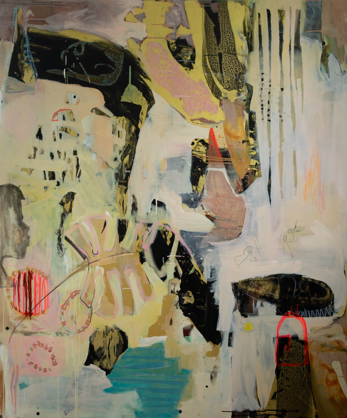 Abstract expressionist painting featuring layered pastel tones, bold black shapes, pink outlines, and teal highlights.