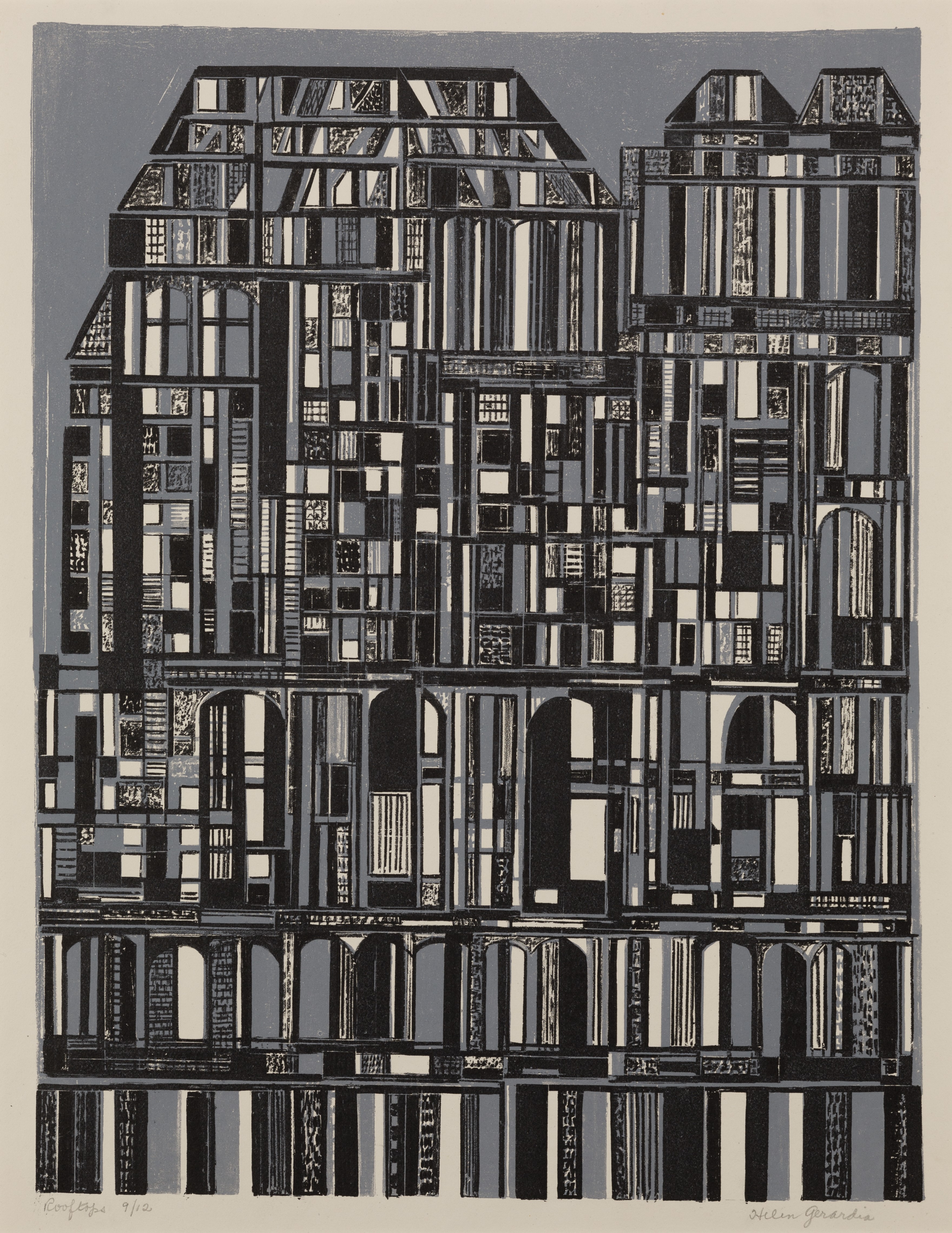 A lithograph print in shades of black, white, and gray, depicting a towering, abstracted urban landscape composed of tightly packed, interlocking geometric shapes that represent buildings and their rooftops. The image emphasizes angular lines and rectangular forms, creating a sense of structured complexity and architectural density, characteristic of geometric abstraction.
