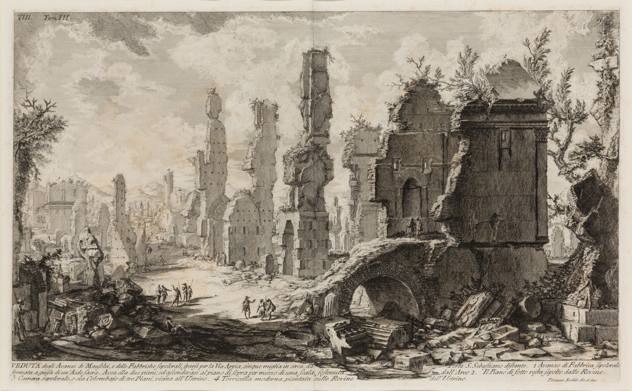 A dramatic, intricate, and evocative portrayal of ancient Roman ruins, achieved through masterful etching techniques