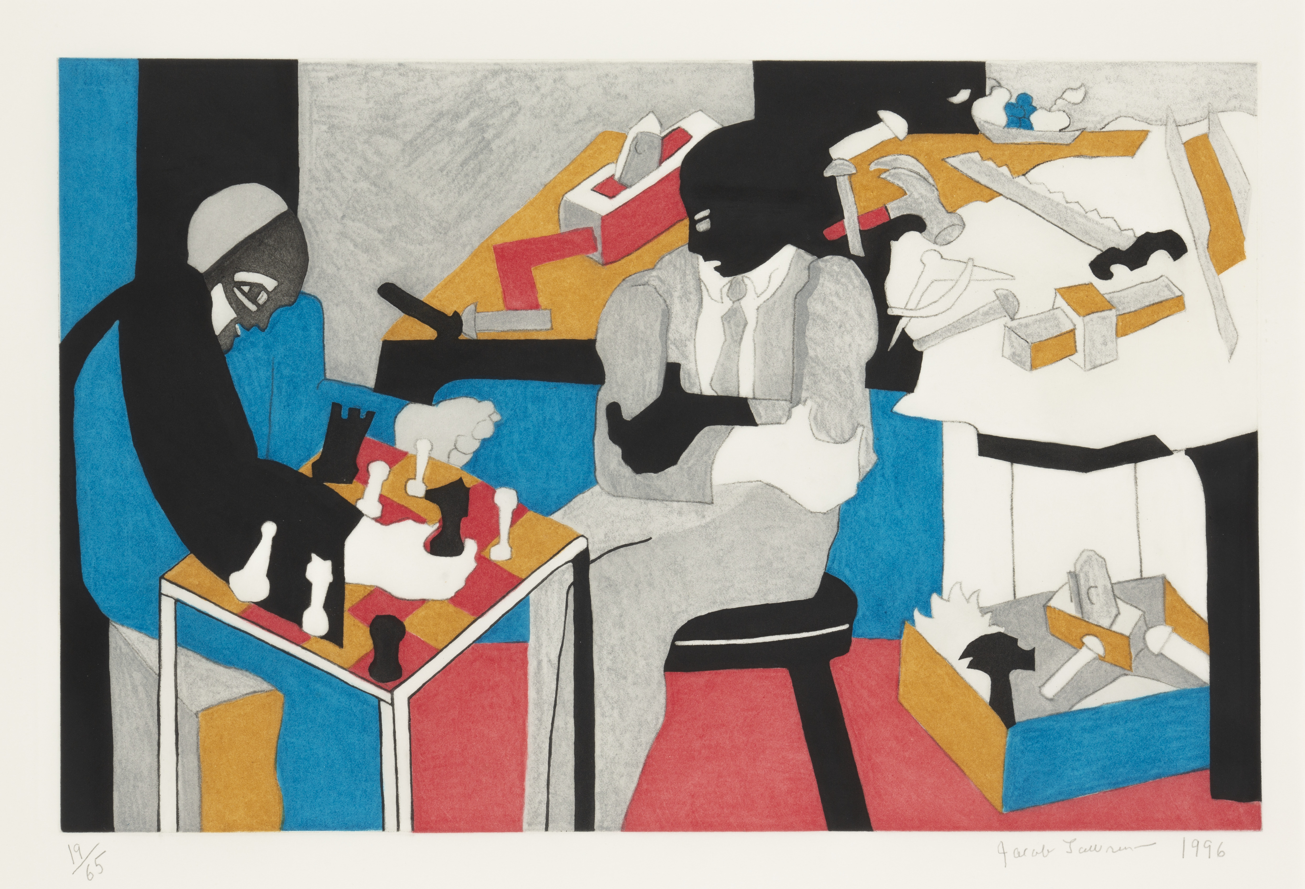 painting Two Builders Playing Chess by artist Jacob Lawrence.